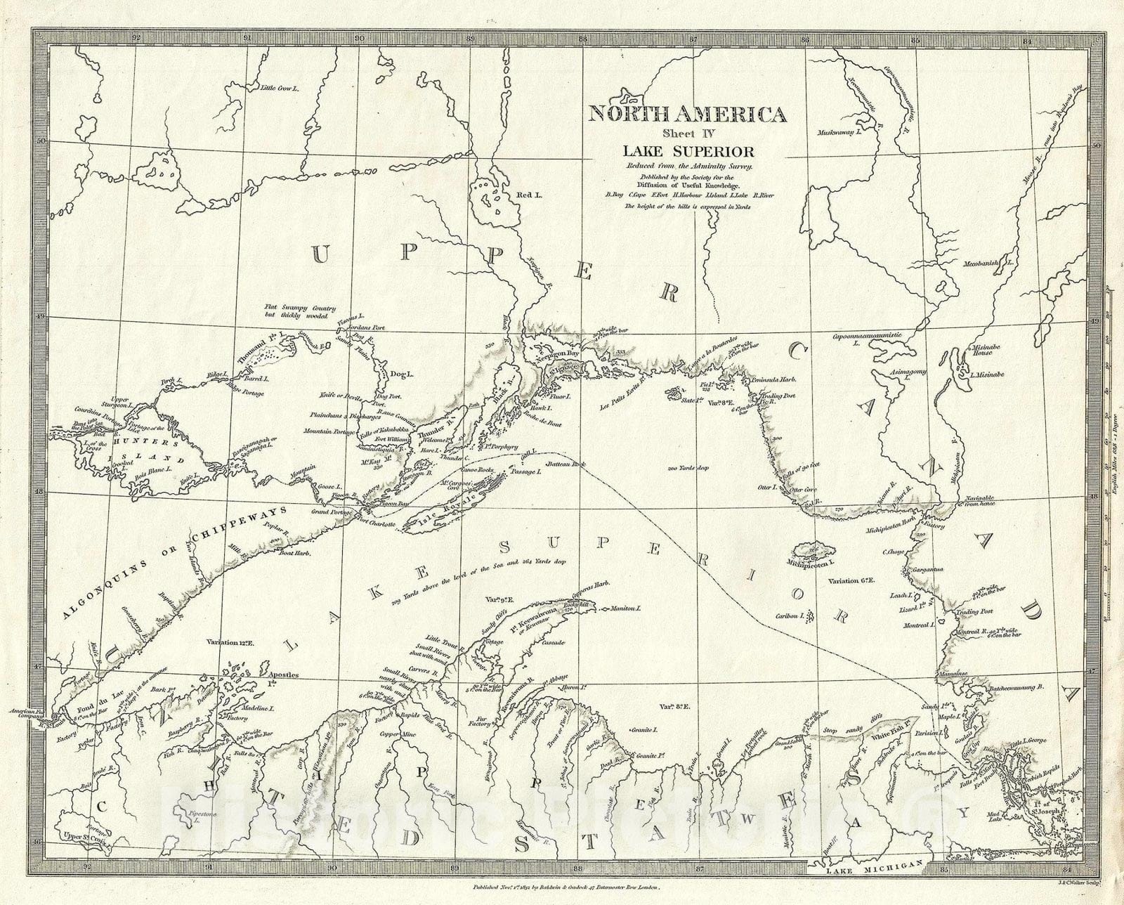Historic Map : S.D.U.K. Subscriber's Edition Map of Lake Superior, 1832, Vintage Wall Art