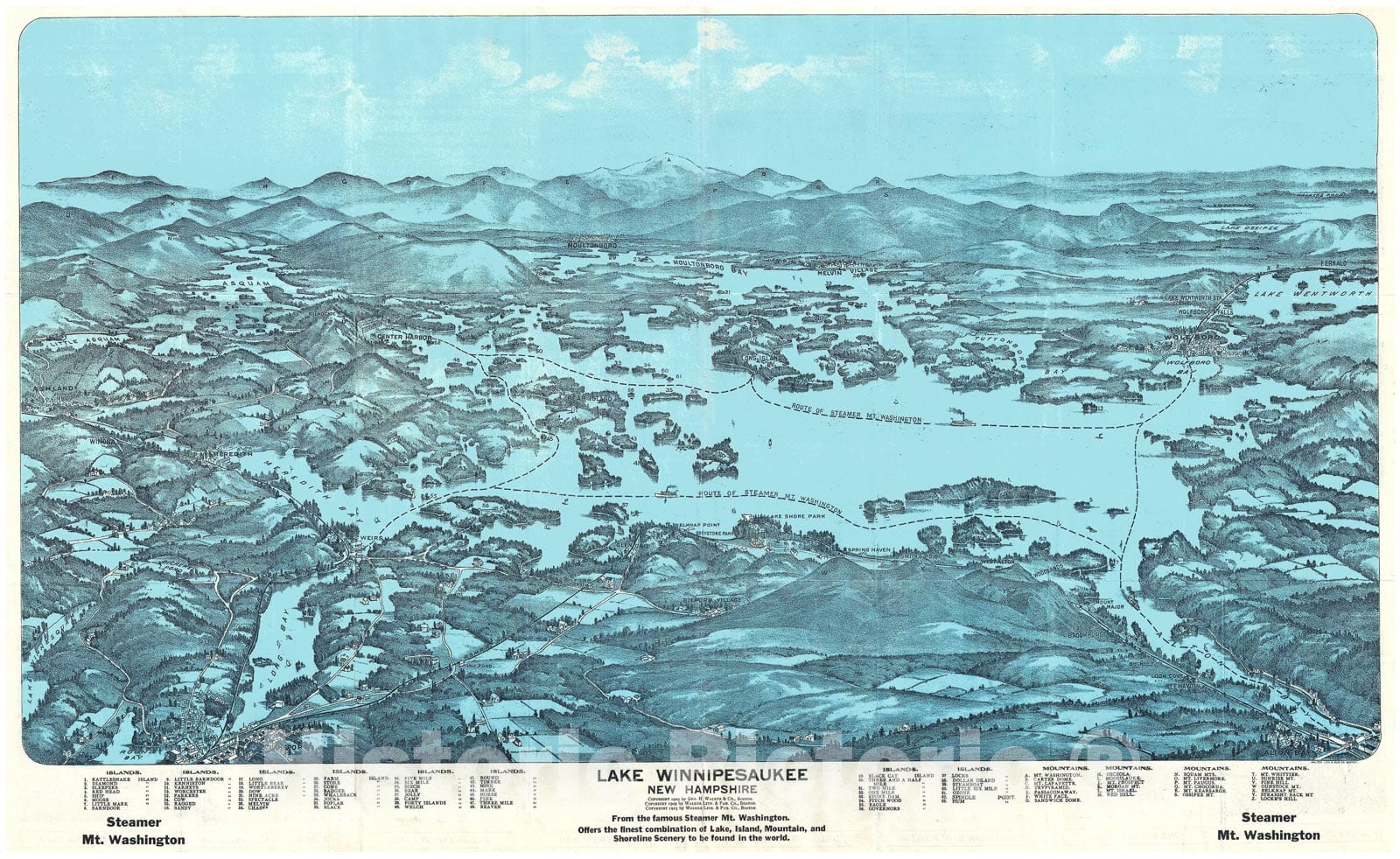 Historic Map : Walker Antique Map and View of Lake Winnipesaukee, New Hampshire, 1903, Vintage Wall Art