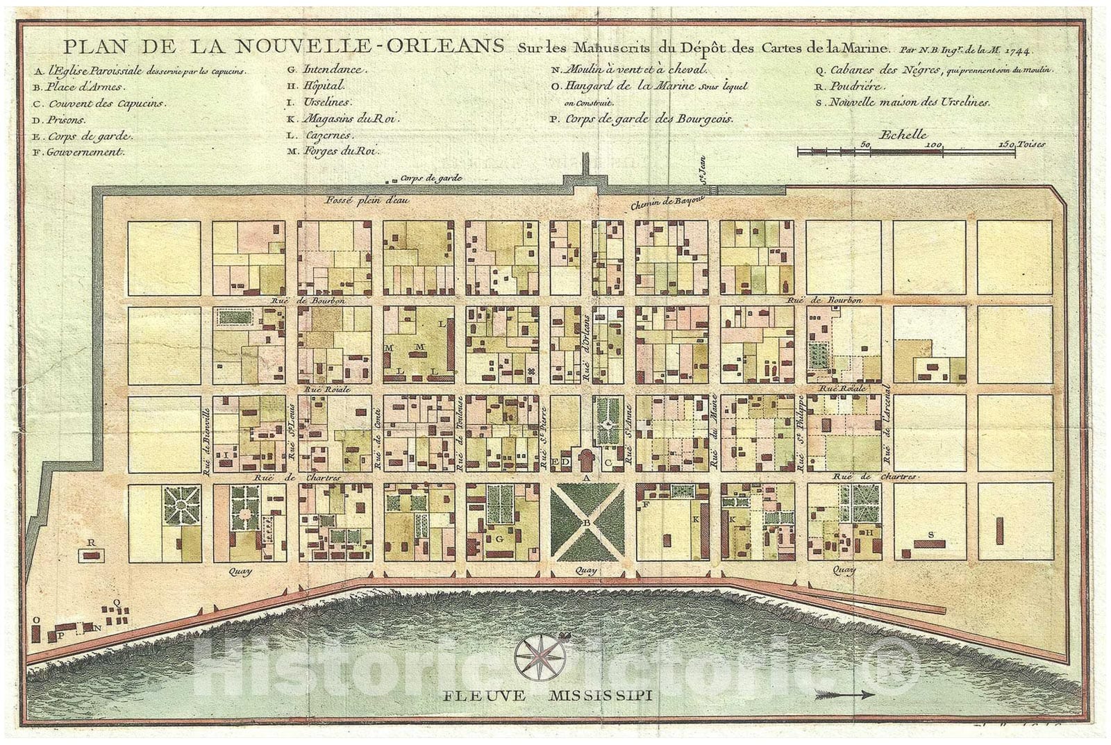 Historic Map : Bellin Map of New Orleans, Louisiana, 1744, Vintage Wall Art