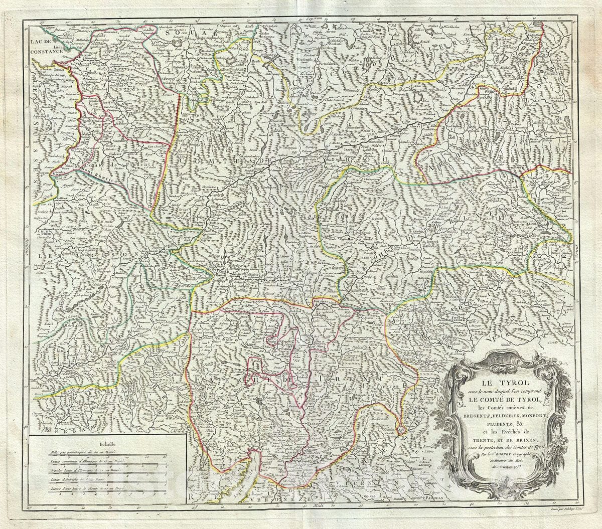 Historic Map : Vaugondy Antique Map of The County of Tyrol, Italy and Austria, 1753, Vintage Wall Art