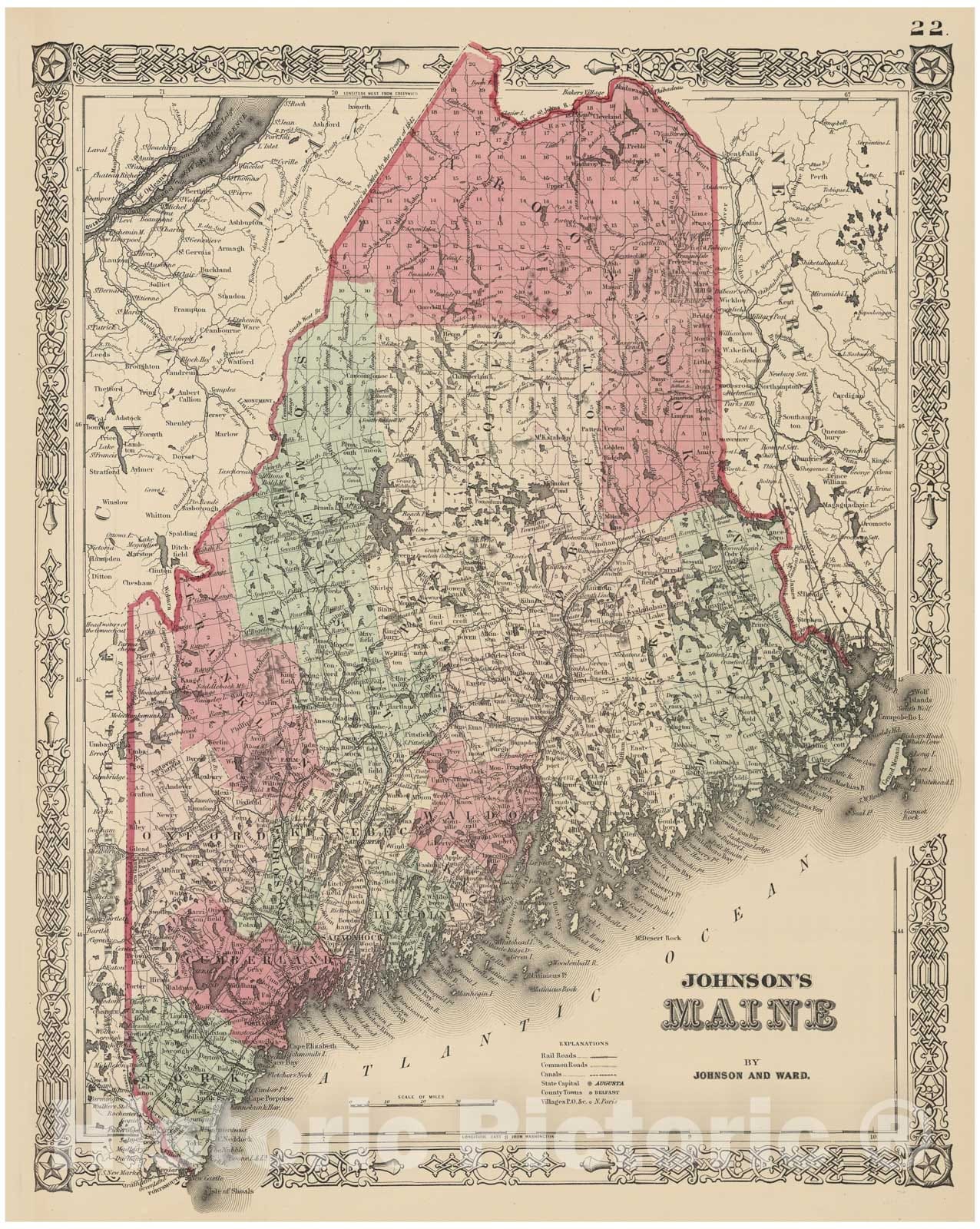 Historic Map : Johnson Map of Maine, 1864, Vintage Wall Art