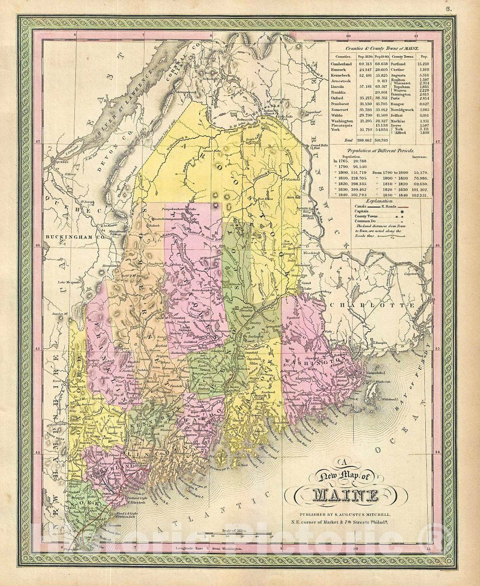 Historic Map : Mitchell Map of Maine, 1849, Vintage Wall Art