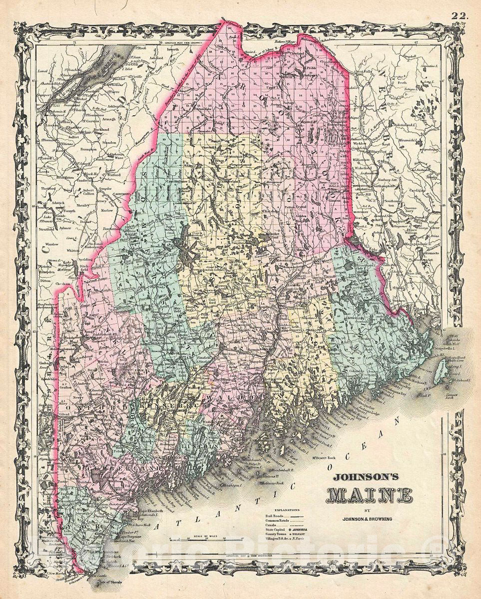 Historic Map : Johnson Map of Maine, 1861, Vintage Wall Art