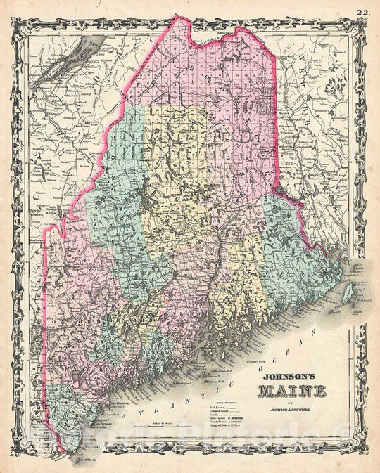 Historic Map : Johnson Map of Maine, 1861, Vintage Wall Art
