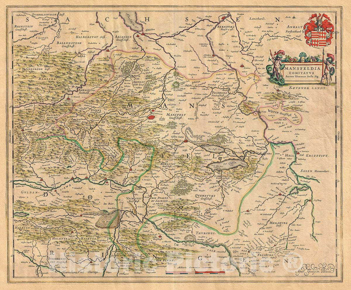 Historic Map : Blaeu Map of Mansfeld, Germany, 1655, Vintage Wall Art