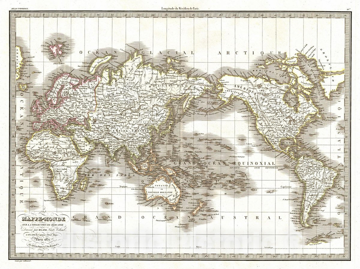 Historic Map : Lapie Map of The World on Mercator Projection, 1832, Vintage Wall Art