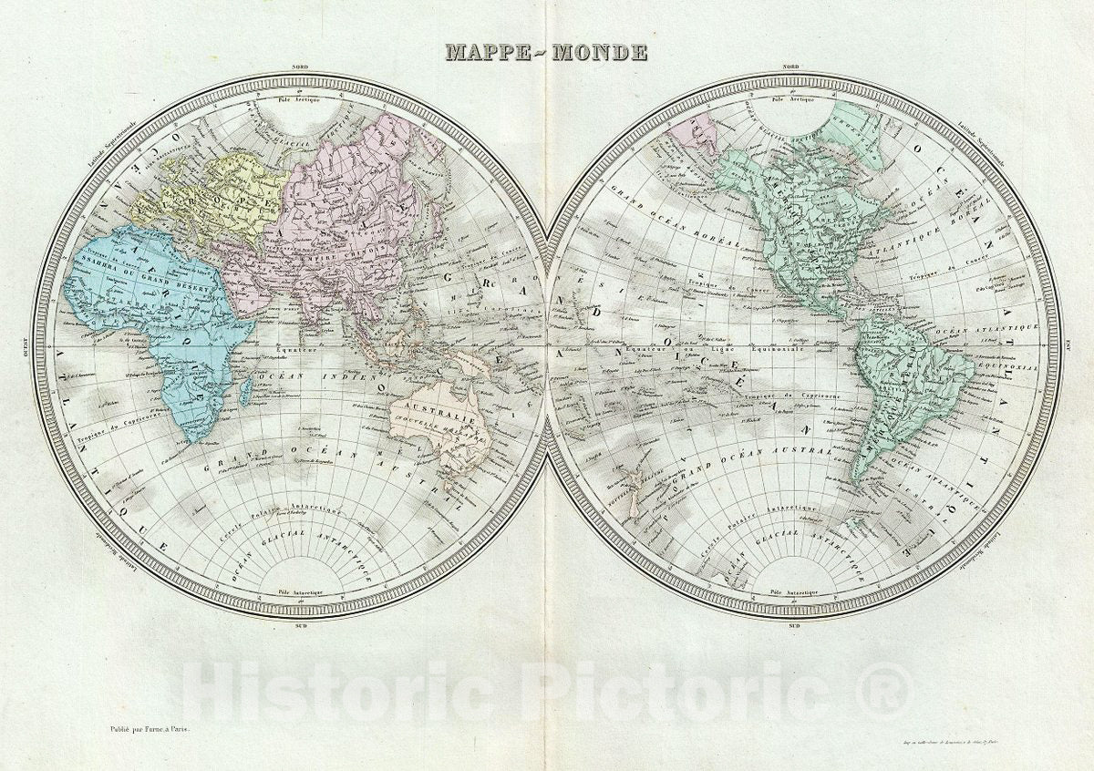 Historic Map : Tardieu Map of The World in Hemispheres, 1874, Vintage Wall Art