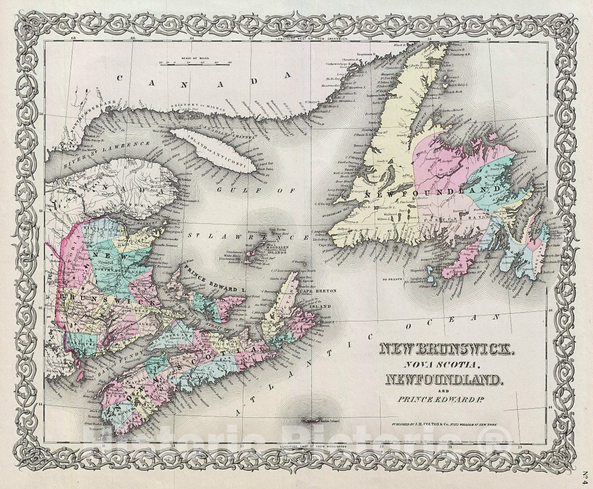 Historic Map : Colton Map of Canada's Maritme Provinces: New Brunswick, Nova Scotia, Newfoundland, Prince Edwa, 1856, Vintage Wall Art