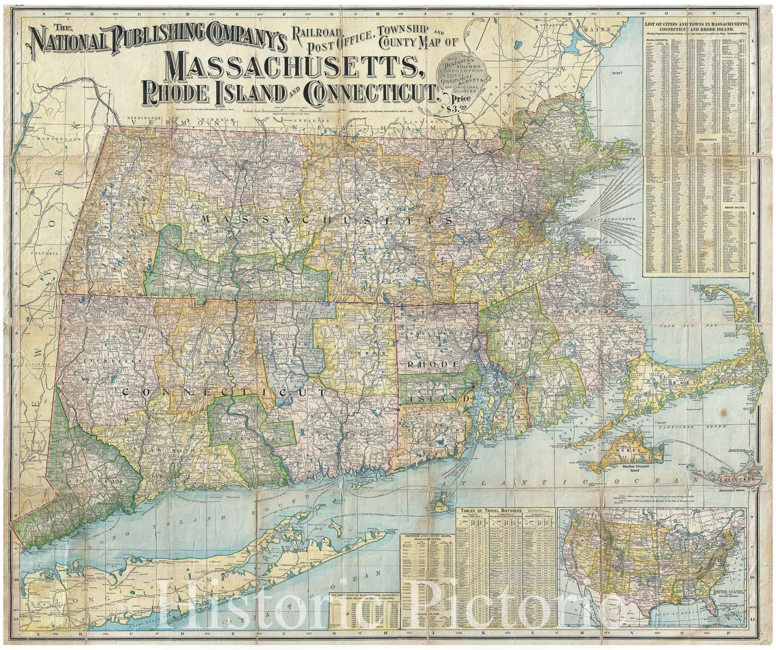 Historic Map : National Publishing Company Railroad Antique Map of Massachusetts, Rhode Island and Connecticut, 1902, Vintage Wall Art