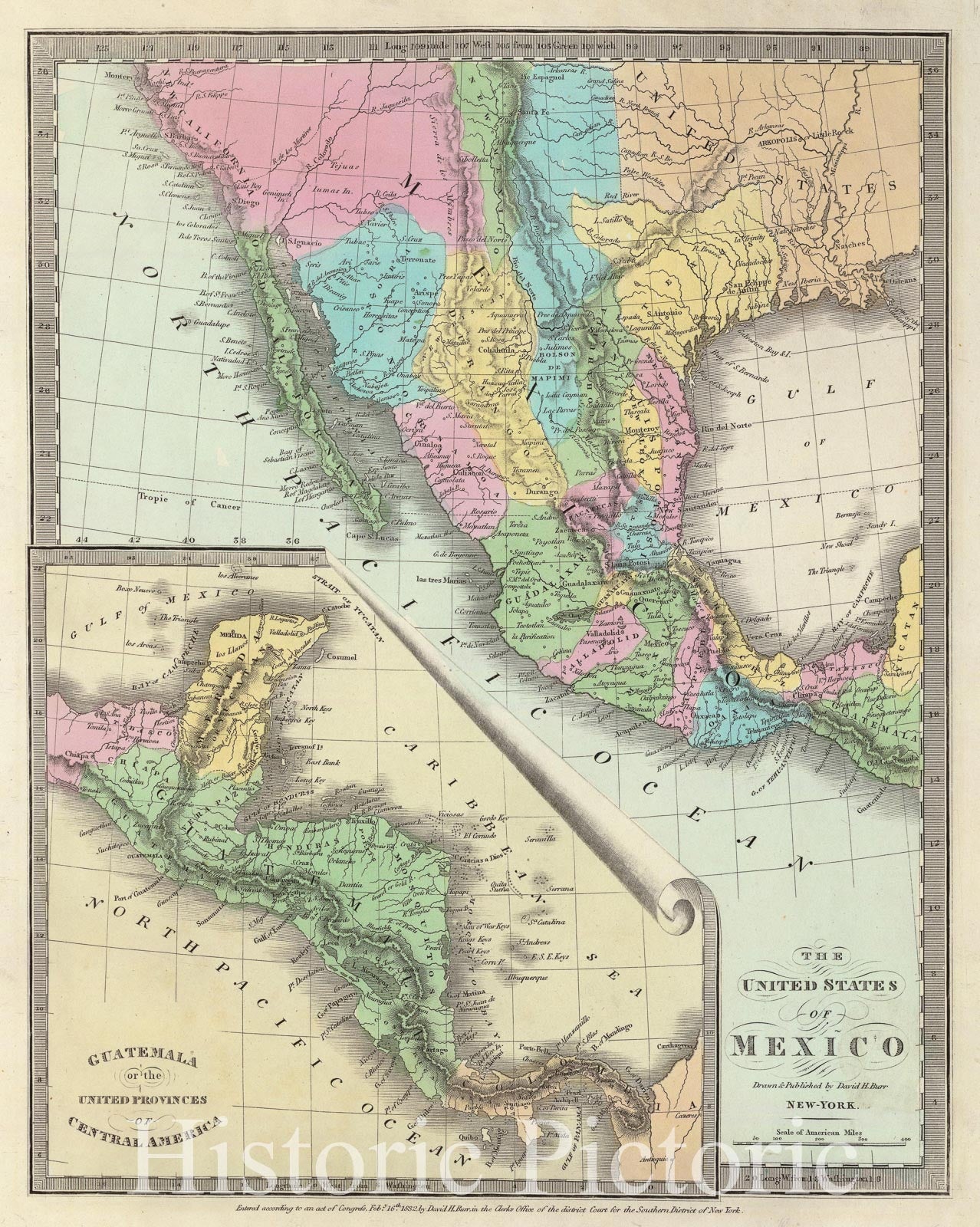 Historic Map : Burr Map of Mexico, 1832, Vintage Wall Art