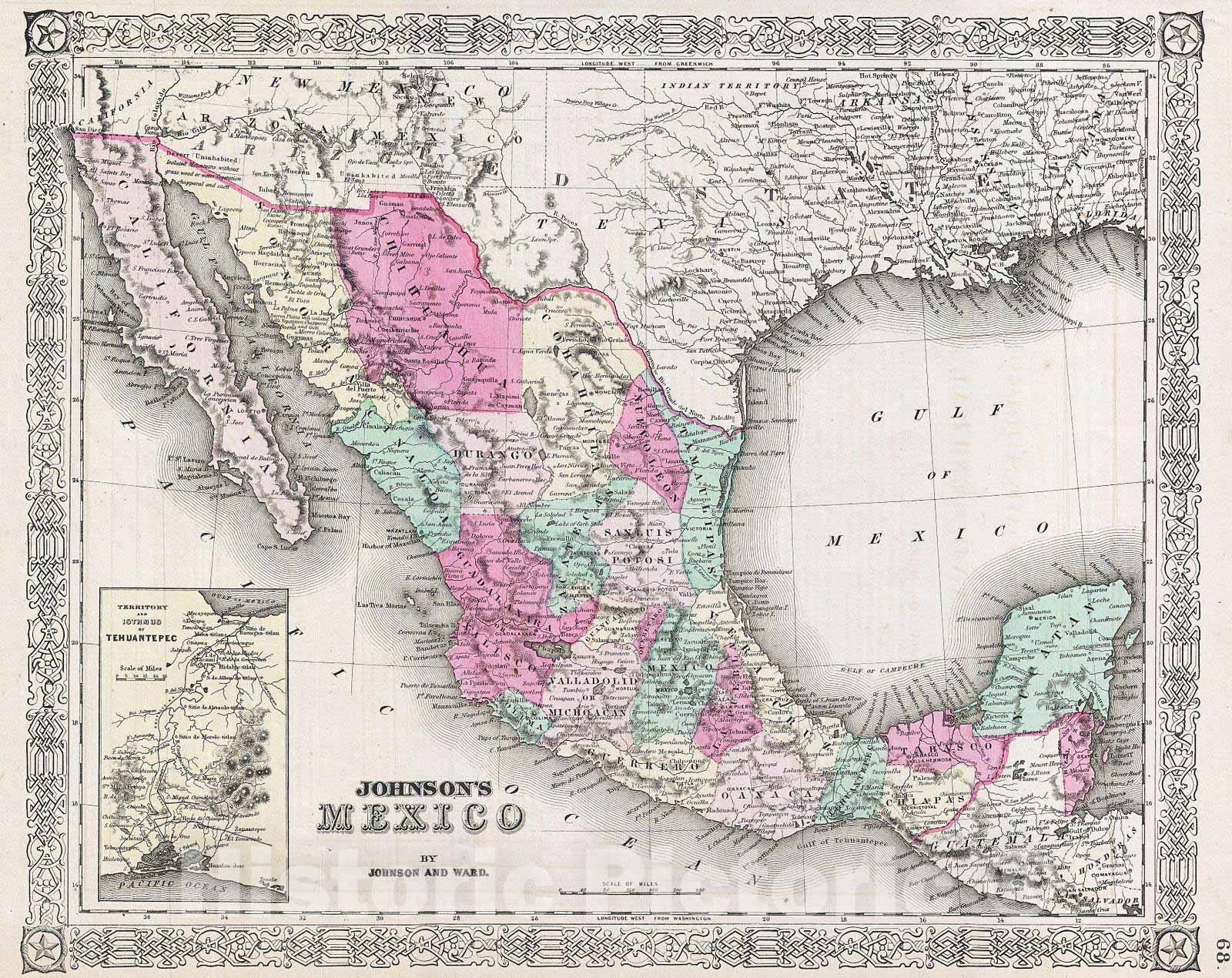 Historic Map : Johnson Map of Mexico and Texas, Version 2, 1865, Vintage Wall Art