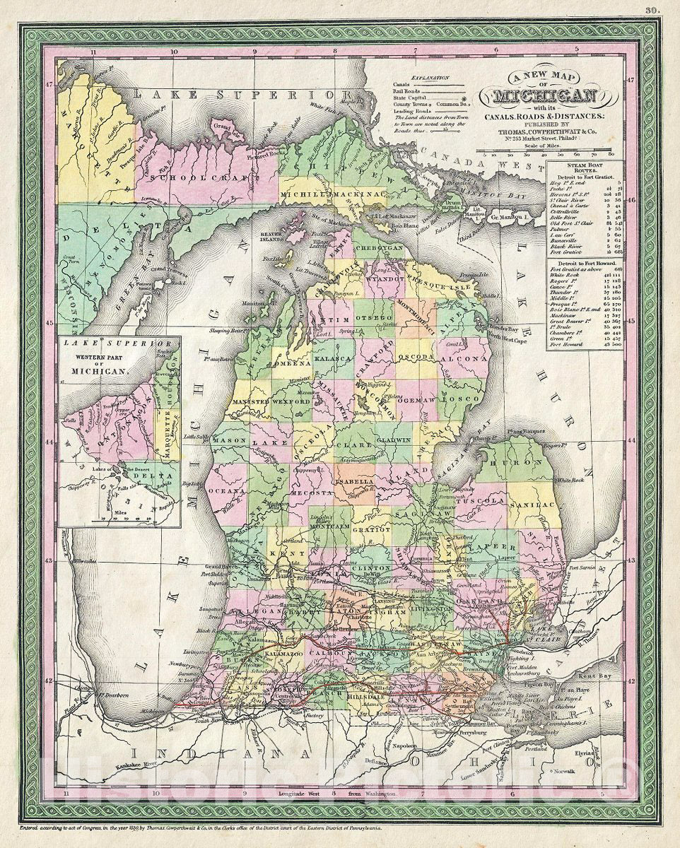 Historic Map : Mitchell Map of Michigan, Version 2, 1854, Vintage Wall Art