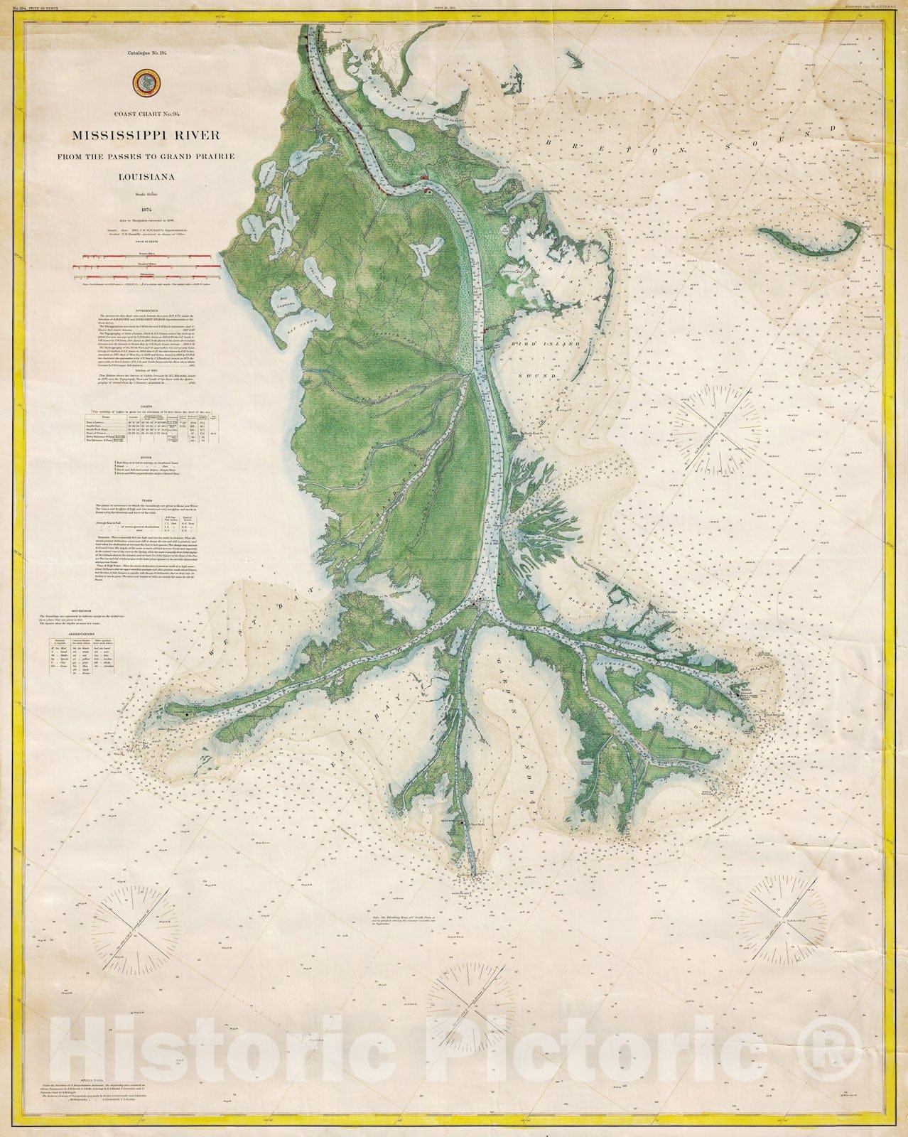 Historic Map : U. S. Coast Survey map of The Mississippi River Delta, 1885, Vintage Wall Art