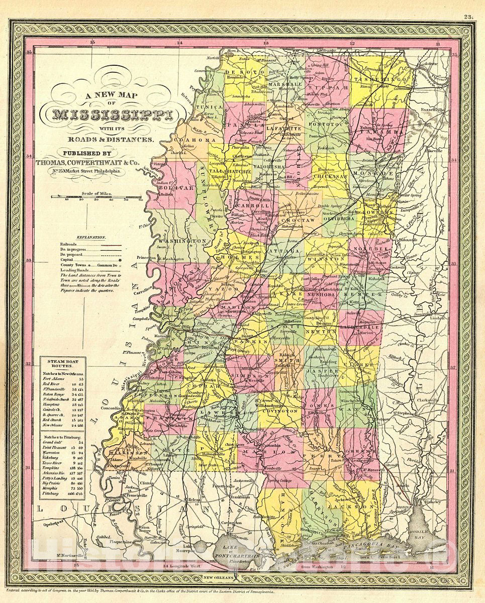 Historic Map : Mitchell New Map of Mississippi, 1854, Vintage Wall Art