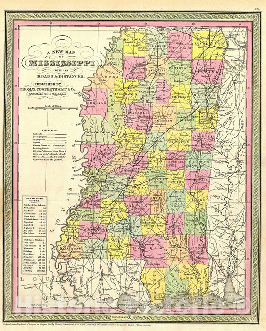Historic Map : Mitchell New Map of Mississippi, 1854, Vintage Wall Art