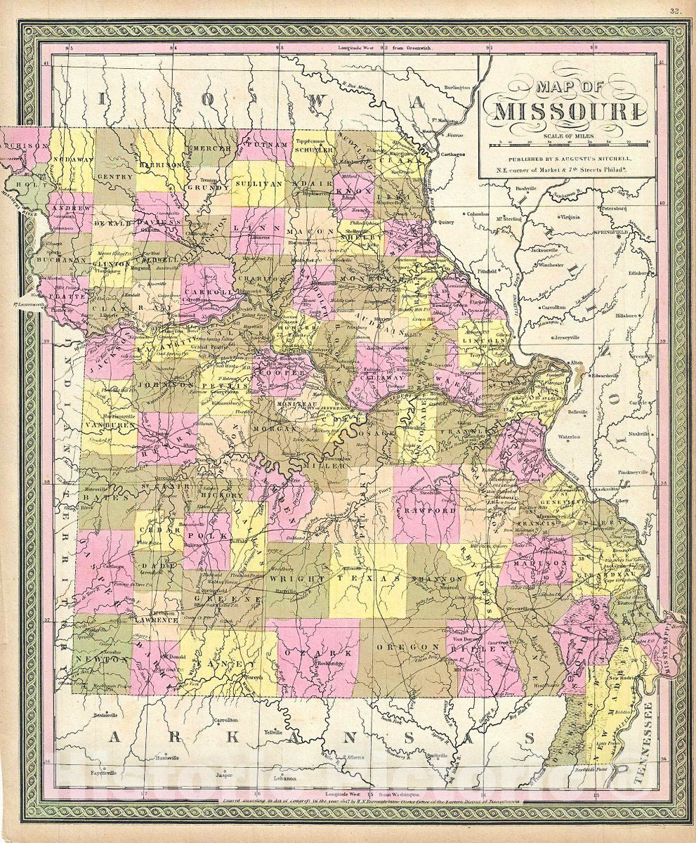 Historic Map : Mitchell Map of Missouri, 1849, Vintage Wall Art
