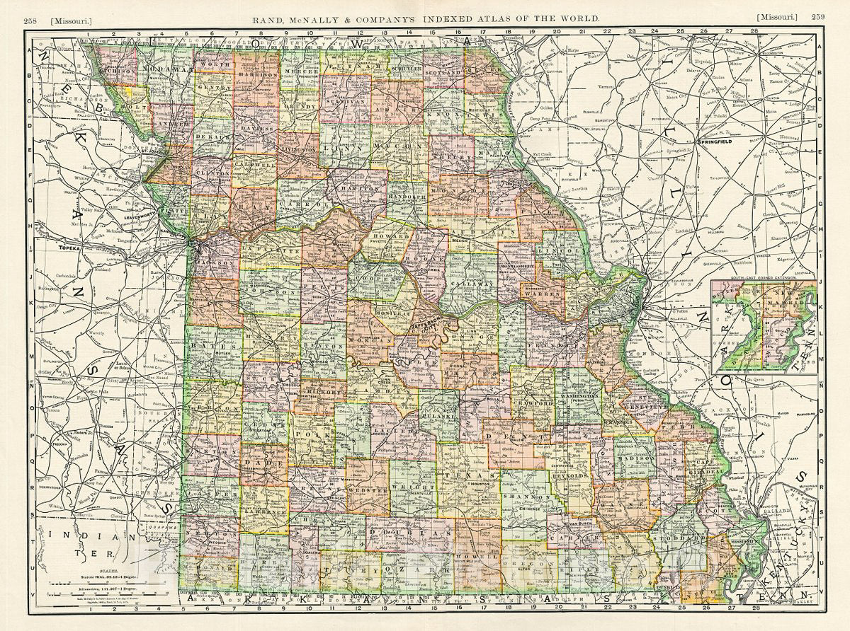 Historic Map : Rand McNally map of Missouri, 1888, Vintage Wall Art