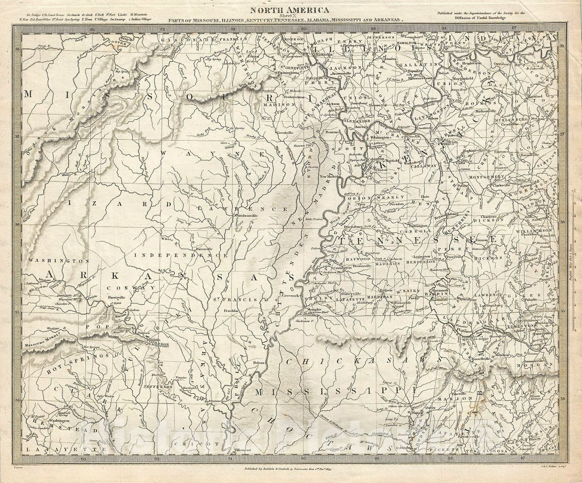 Historic Map : S.D.U.K. Subscriber's Edition Map of Missouri, Arkansas, Tennessee, Alabama and Mississippi, 1833, Vintage Wall Art