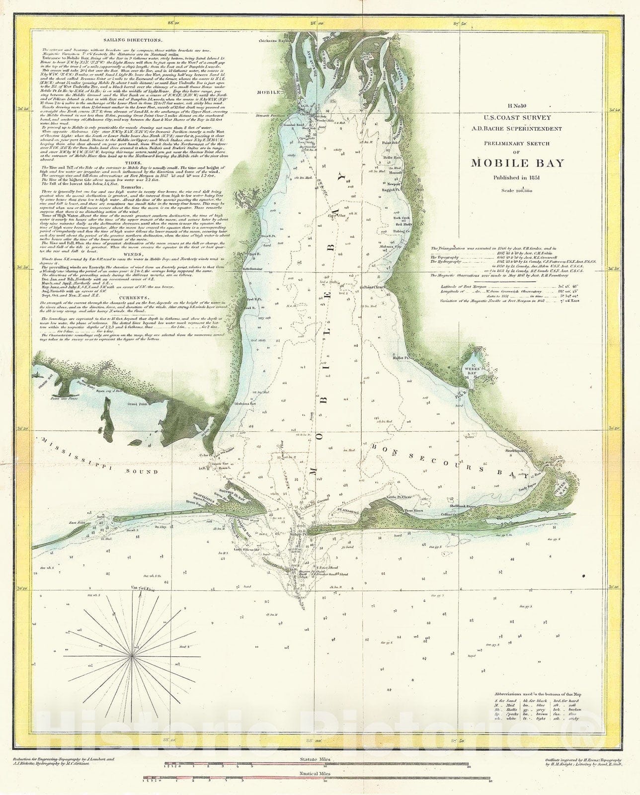 Historic Map : U.S. Coast Survey Map or Chart of Mobile Bay, Alabama, 1851, Vintage Wall Art