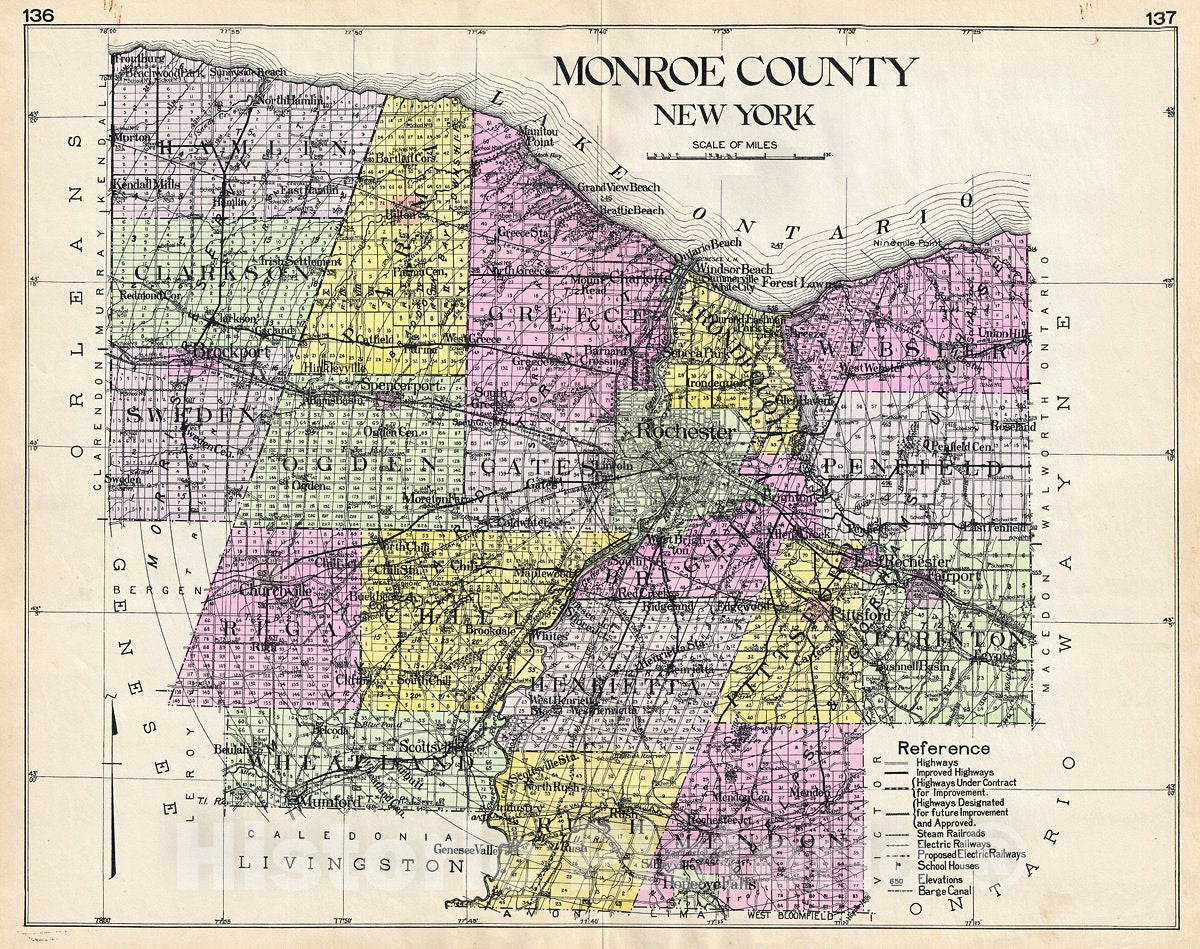 Historic Map : Century Map of Monroe County, New York, 1912, Vintage Wall Art