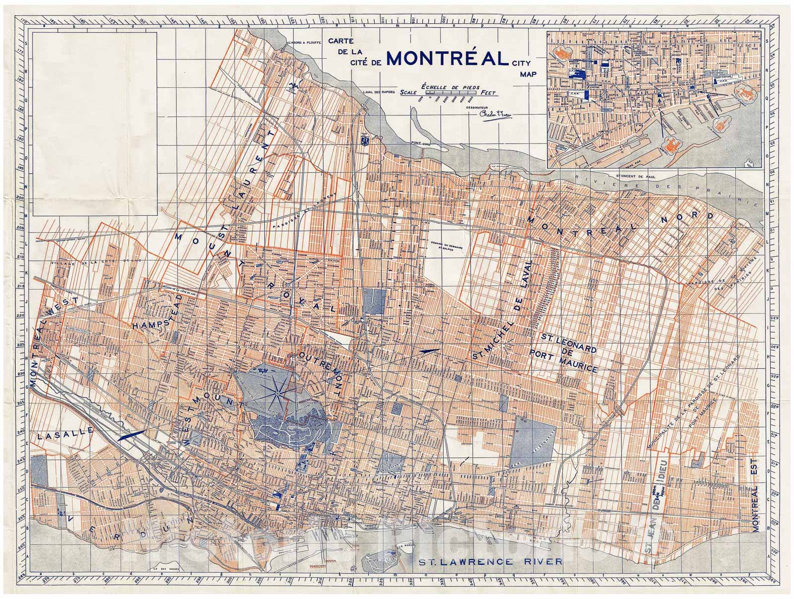 Historic Map : Furse Map or Plan of The City of Montreal, Quebec, Canada, 1939, Vintage Wall Art