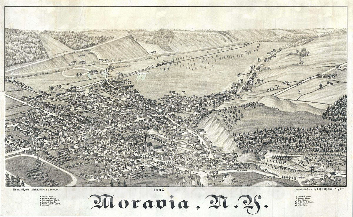 Historic Map : Burleigh Bird'sEye View Antique Map of Moravia, New York, 1885, Vintage Wall Art