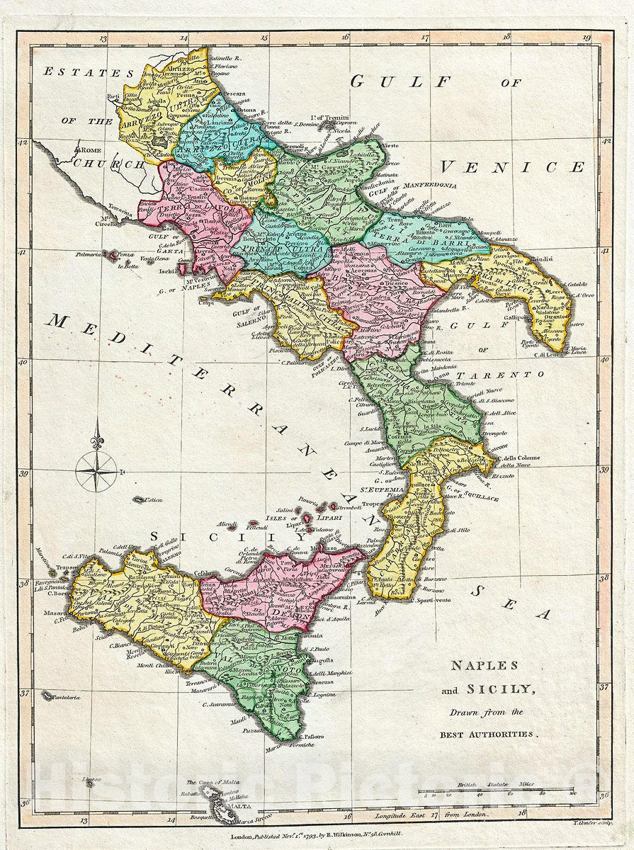 Historic Map : Wilkinson Map of Southern Italy (Naples and Sicily), 1793, Vintage Wall Art