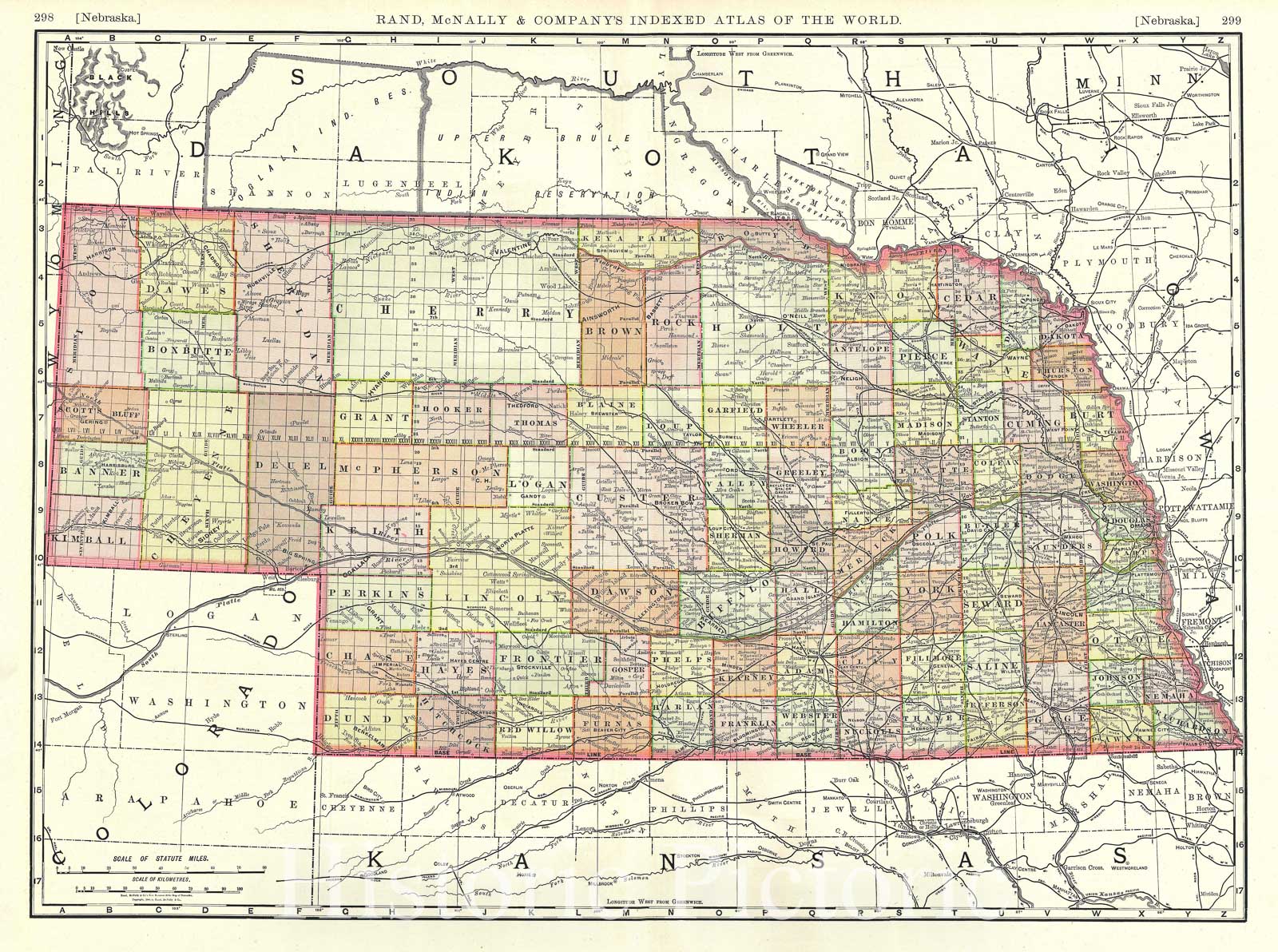 Historic Map : Rand McNally Map of Nebraska, 1888, Vintage Wall Art