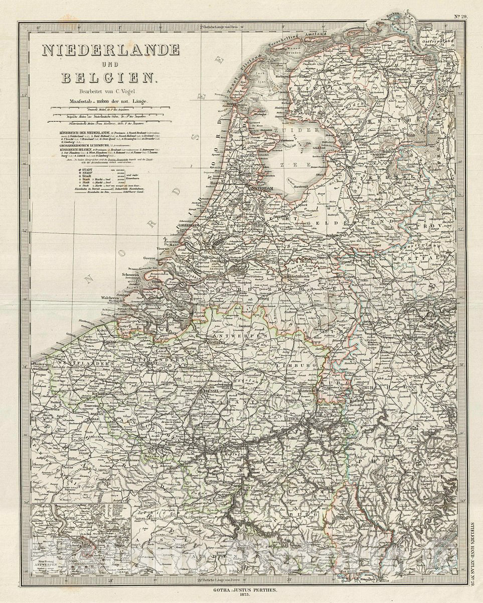Historic Map : Stieler Map of The Holland and Belgium, 1873, Vintage Wall Art