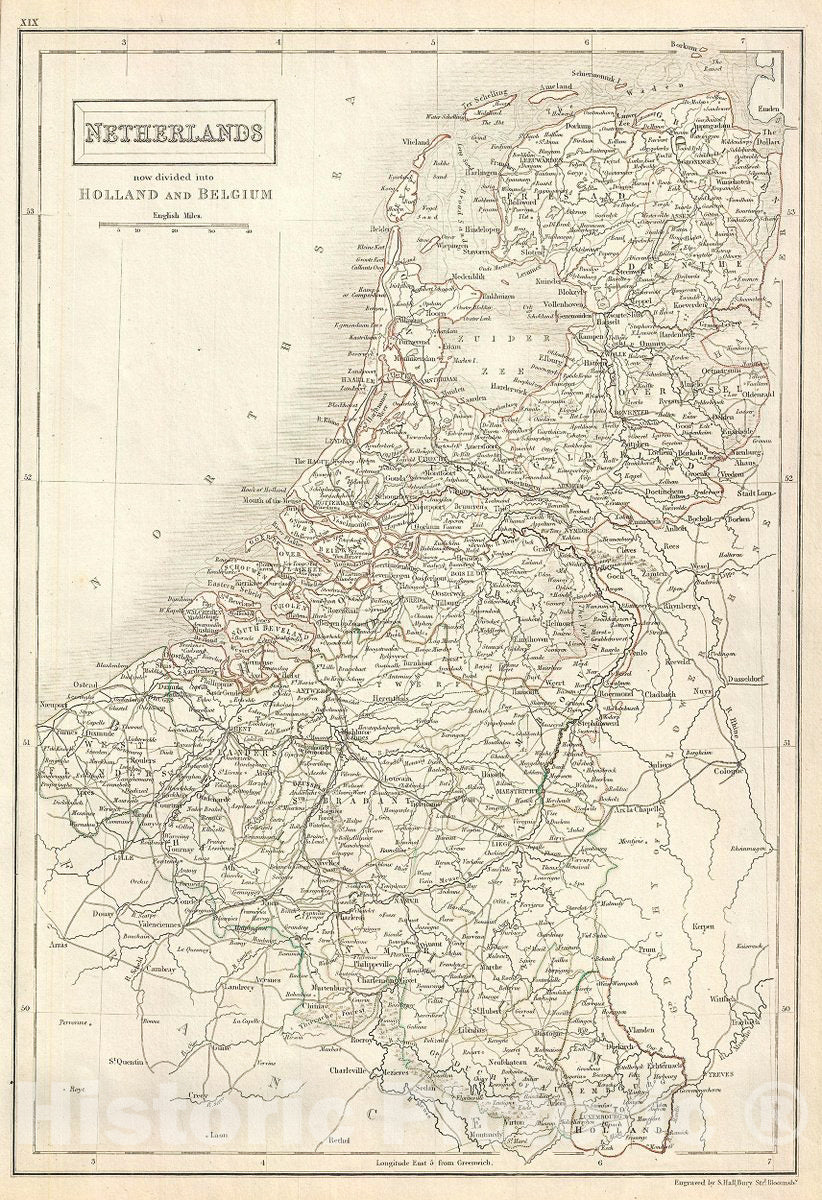 Historic Map : Black Map of The Kingdom of Netherlands (Holland, Belgium and Luxembourg), 1844, Vintage Wall Art