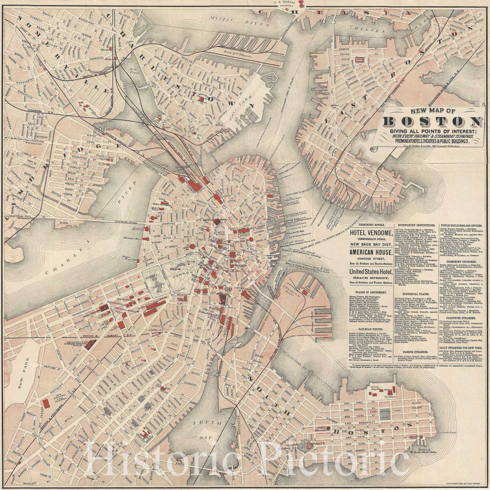 Historic Map : Walker Antique Map or Plan of Boston, Massachusetts, 1883, Vintage Wall Art