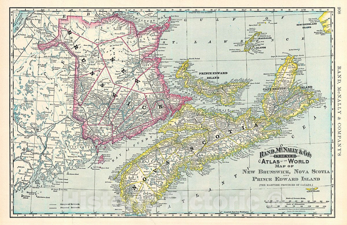 Historic Map : Rand McNally Map of Canadian Maritime Provinces: New Brunswick, Nova Scotia and Prince Edward I, 1892, Vintage Wall Art