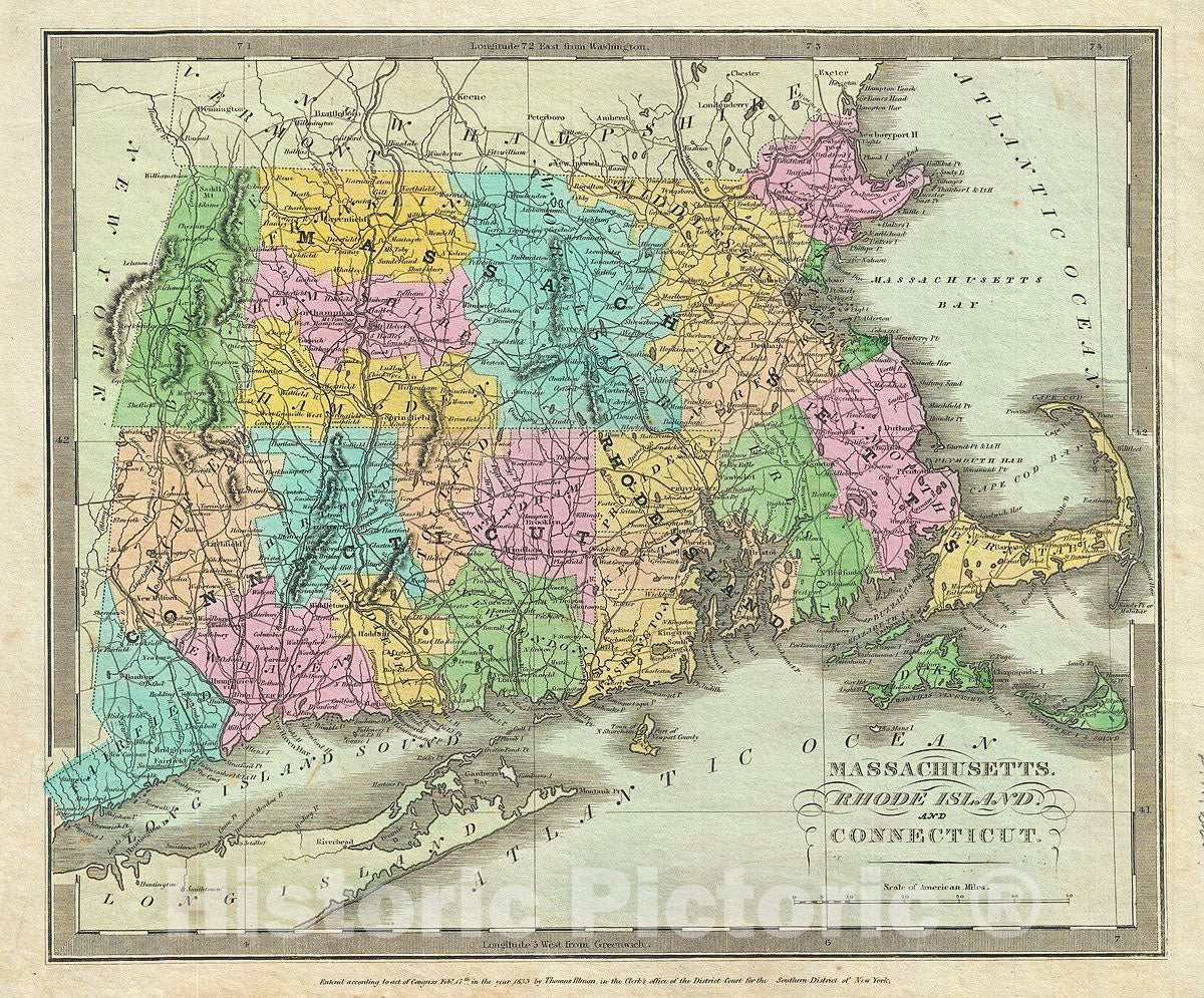 Historic Map : Burr Map of New England (Massachusetts, Connecticut and Rhode Island), 1835, Vintage Wall Art