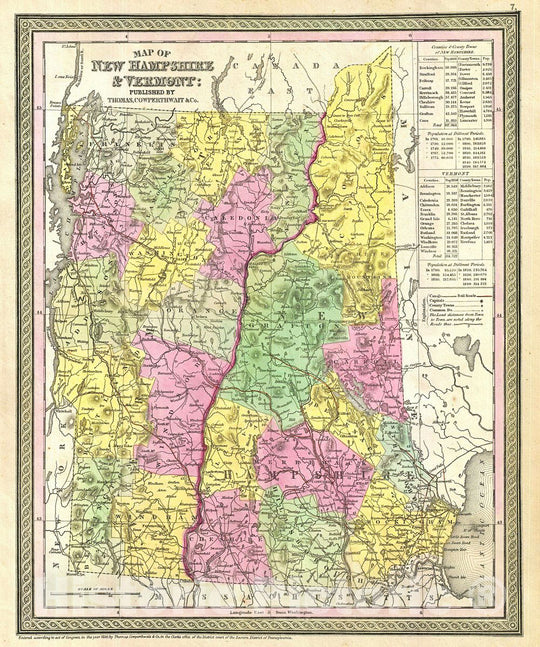 Historic Map : Mitchell Map of New Hampshire and Vermont, Version 2, 1854, Vintage Wall Art