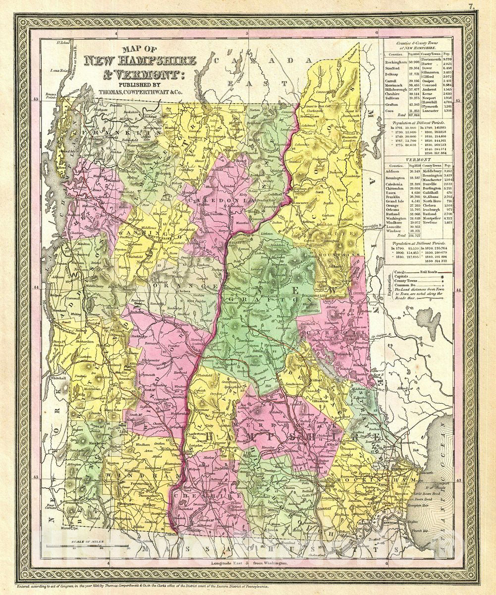 Historic Map : Mitchell Map of New Hampshire and Vermont, Version 2, 1854, Vintage Wall Art