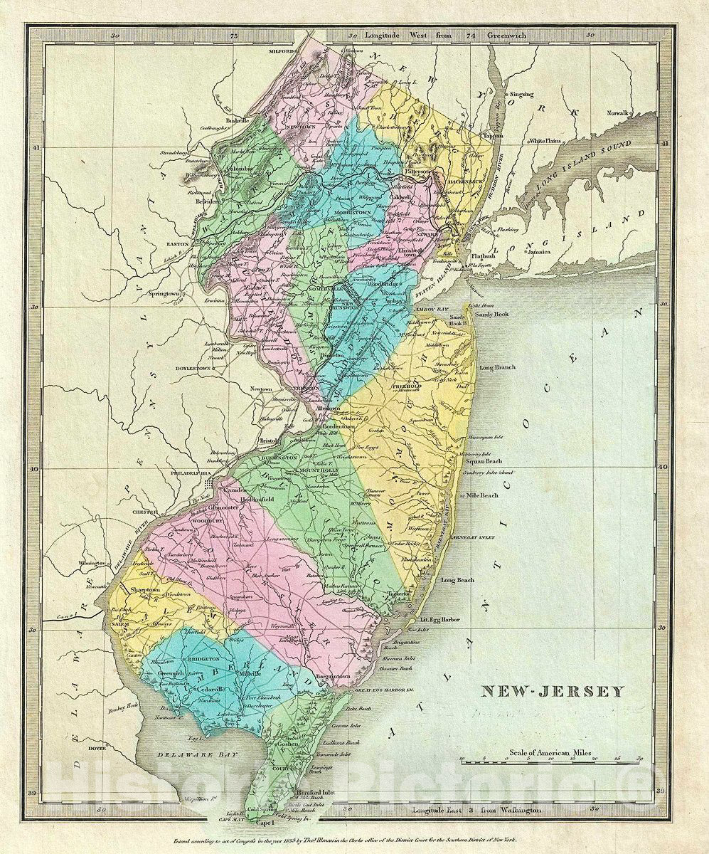 Historic Map : Burr Map of New Jersey, 1835, Vintage Wall Art