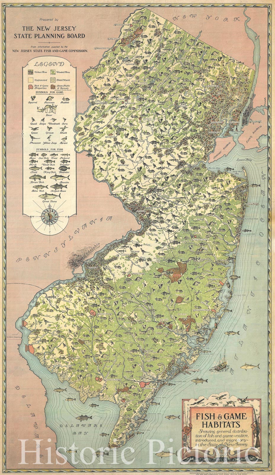Historic Map : Fish and Game Pictorial Antique Map of New Jersey by A. Hoen, 1937, Vintage Wall Art