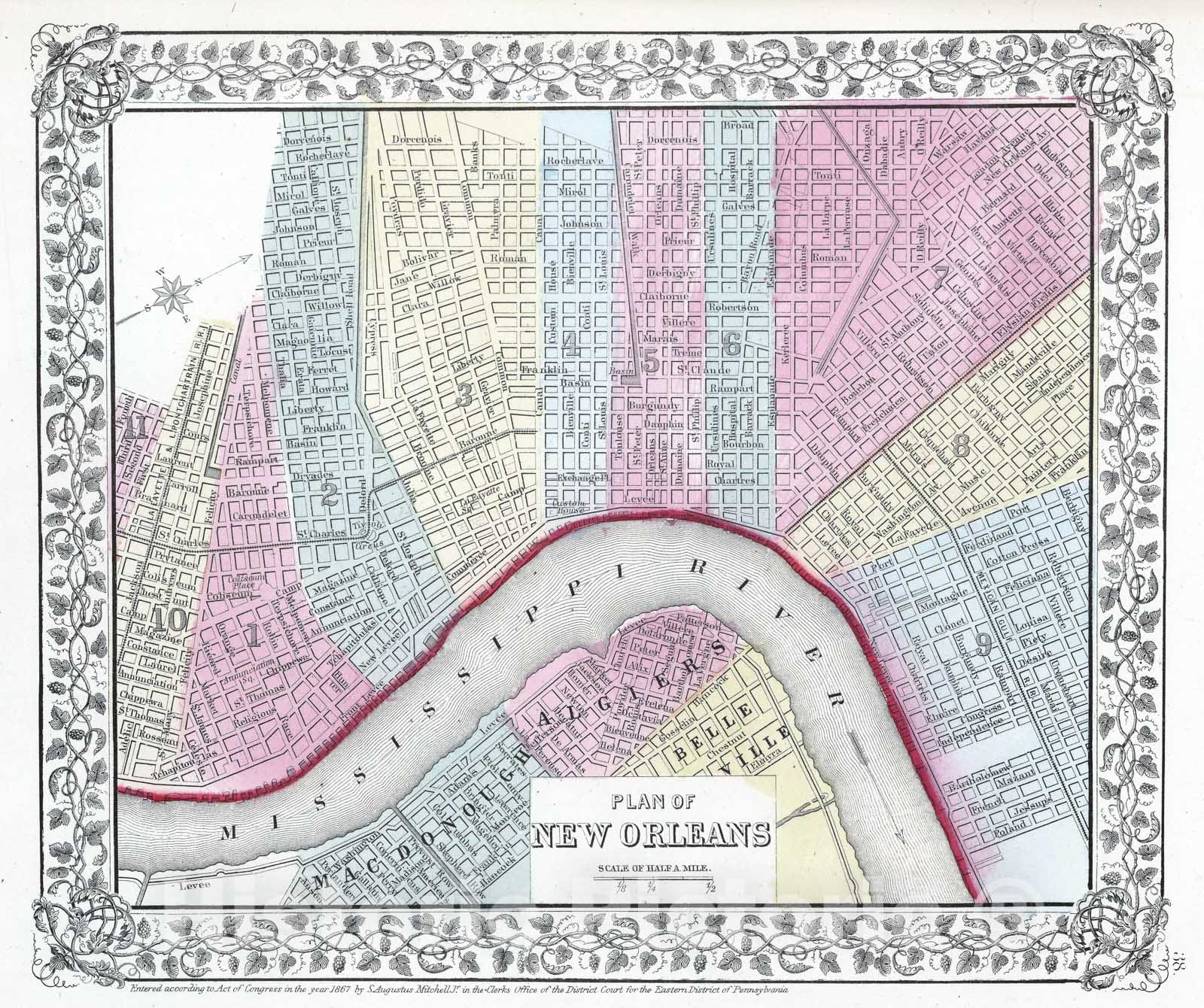 Historic Map : Mitchell Plan or Antique Map of New Orleans, Louisiana, 1867, Vintage Wall Art