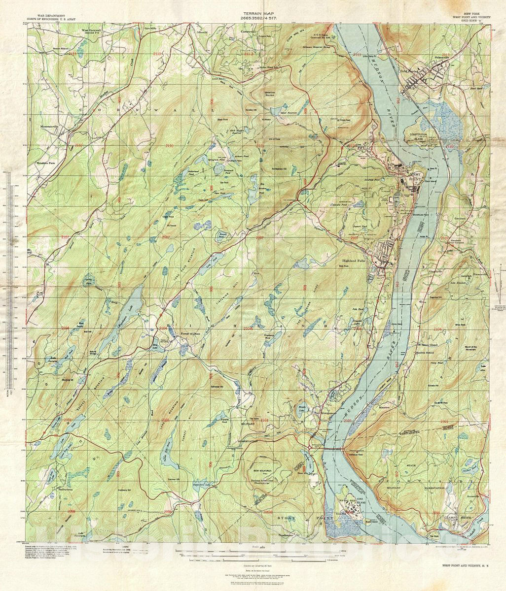 Historic Map : Topographical Engineers Antique Map of West Point and Vicinity, New York, 1939, Vintage Wall Art