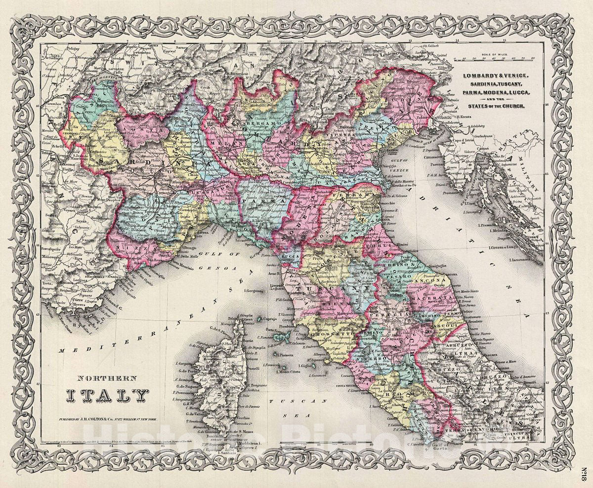Historic Map : Colton Map of Northern Italy and Corsica, 1856, Vintage Wall Art
