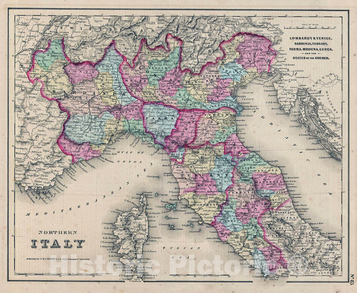 Historic Map : Colton Map of Northern Italy, 1855, Vintage Wall Art