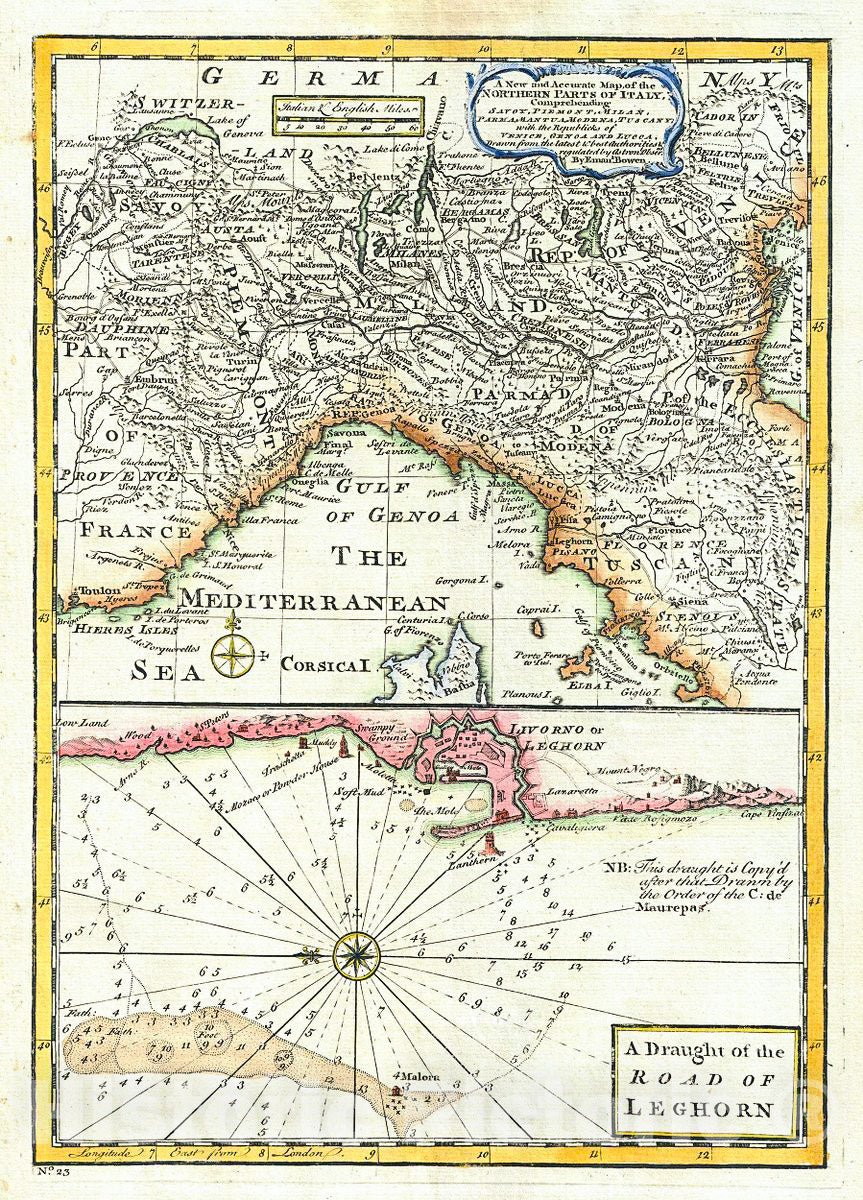 Historic Map : Bowen Map of Northern Italy with a Nautical Chart of Livorno, 1747, Vintage Wall Art