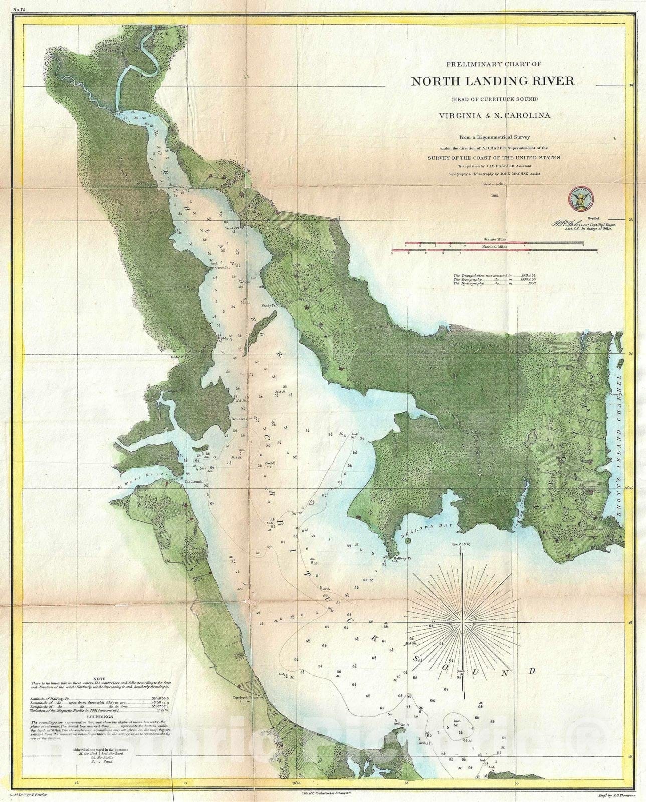 Historic Map : U.S. Coast Survey Map or Chart of The North Landing River and Currituck Sound, Virginia, 1861, Vintage Wall Art