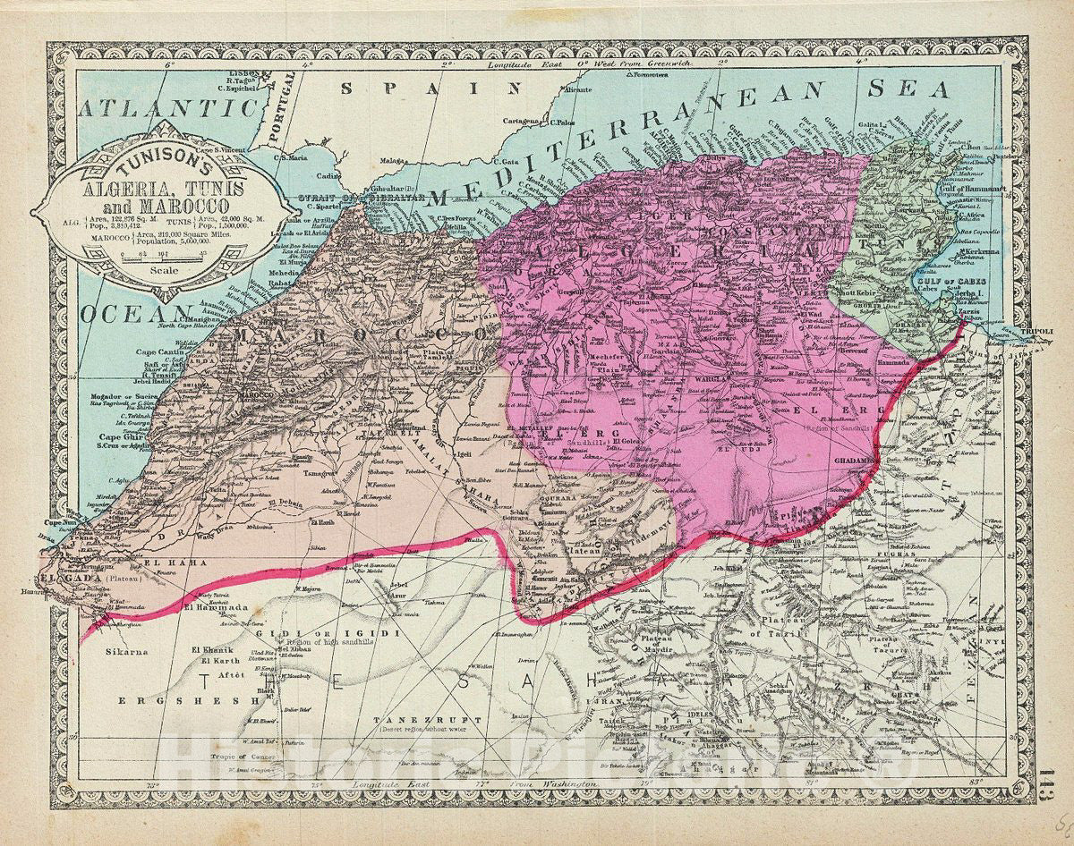 Historic Map : Tunison Map of Northwestern Africa (Algeria, Tunis, Morocco), 1887, Vintage Wall Art