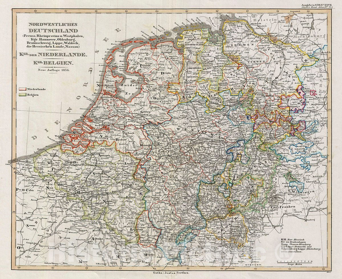 Historic Map : Perthes Map of Northwestern Germany with Netherlands and Belgium, 1854, Vintage Wall Art