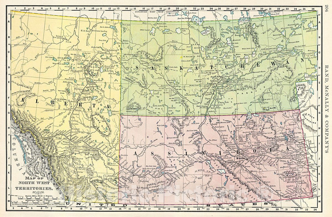 Historic Map : Rand McNally Map of The Northwest Territories of Canada (Alberta, Saskatchewan), 1891, Vintage Wall Art