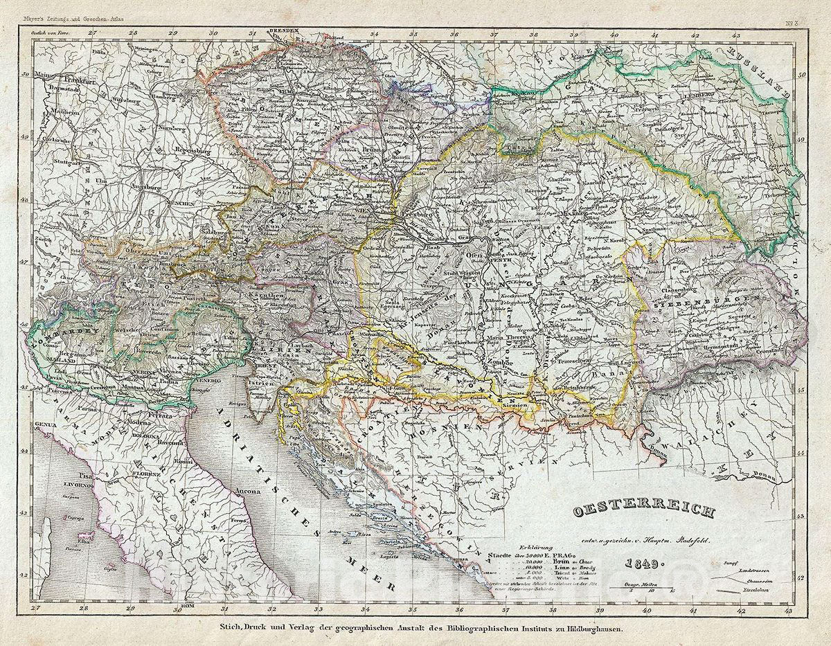 Historic Map : Meyer Map of Austria, 1849, Vintage Wall Art