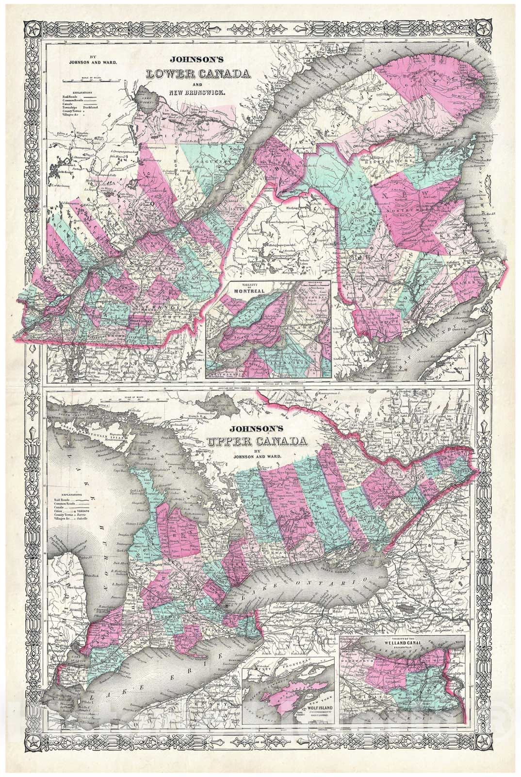 Historic Map : Johnson Map of Upper Canada, Lower Canada and New Brunswick, 1864, Vintage Wall Art