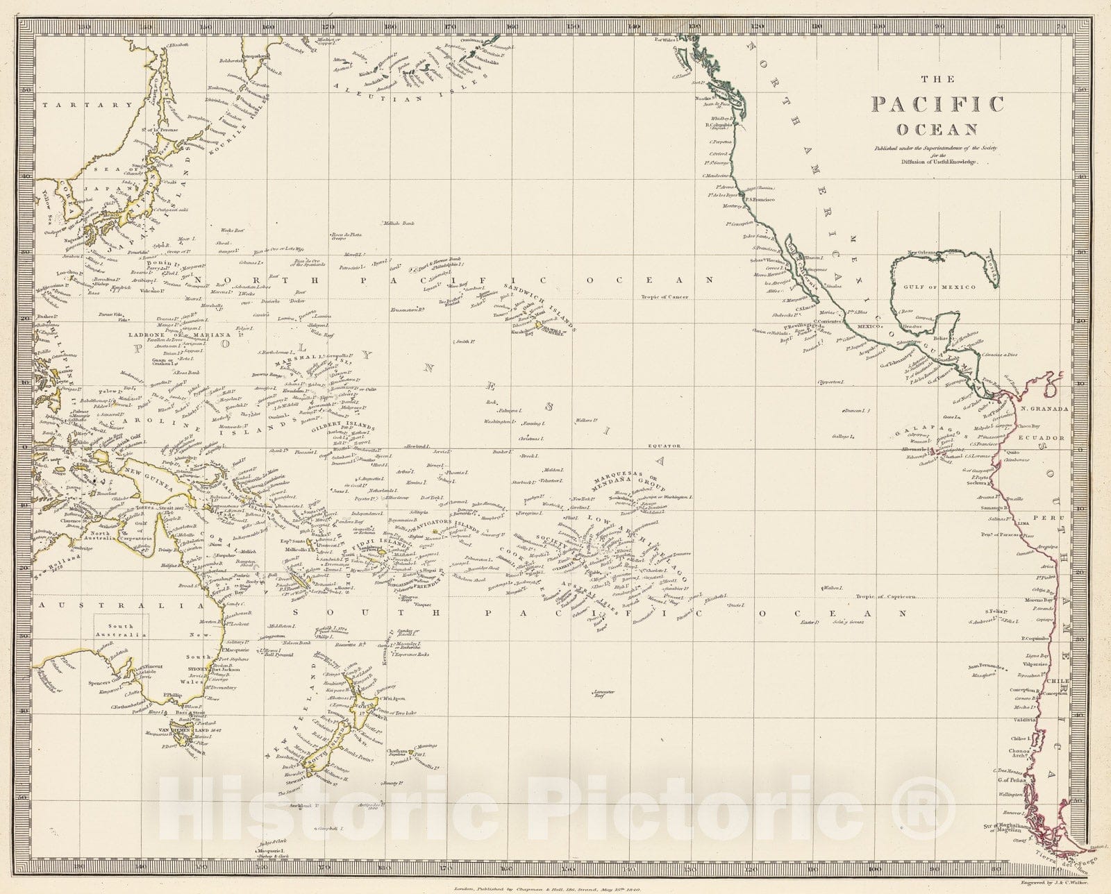 Historic Map : S.D.U.K. Map of The Pacific Ocean Including Polynesia, Melanesia, Micronesia, 1840, Vintage Wall Art