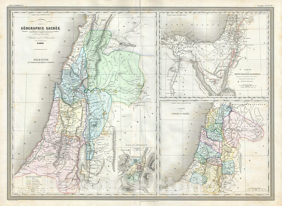 Historic Map : Dufour Map of Palestine, Israel or Holy Land and Sinai w/12 Tribes, 1860, Vintage Wall Art